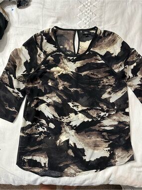 Willo Brushstroke Print Long Sleeve Blouse - Black & Cream